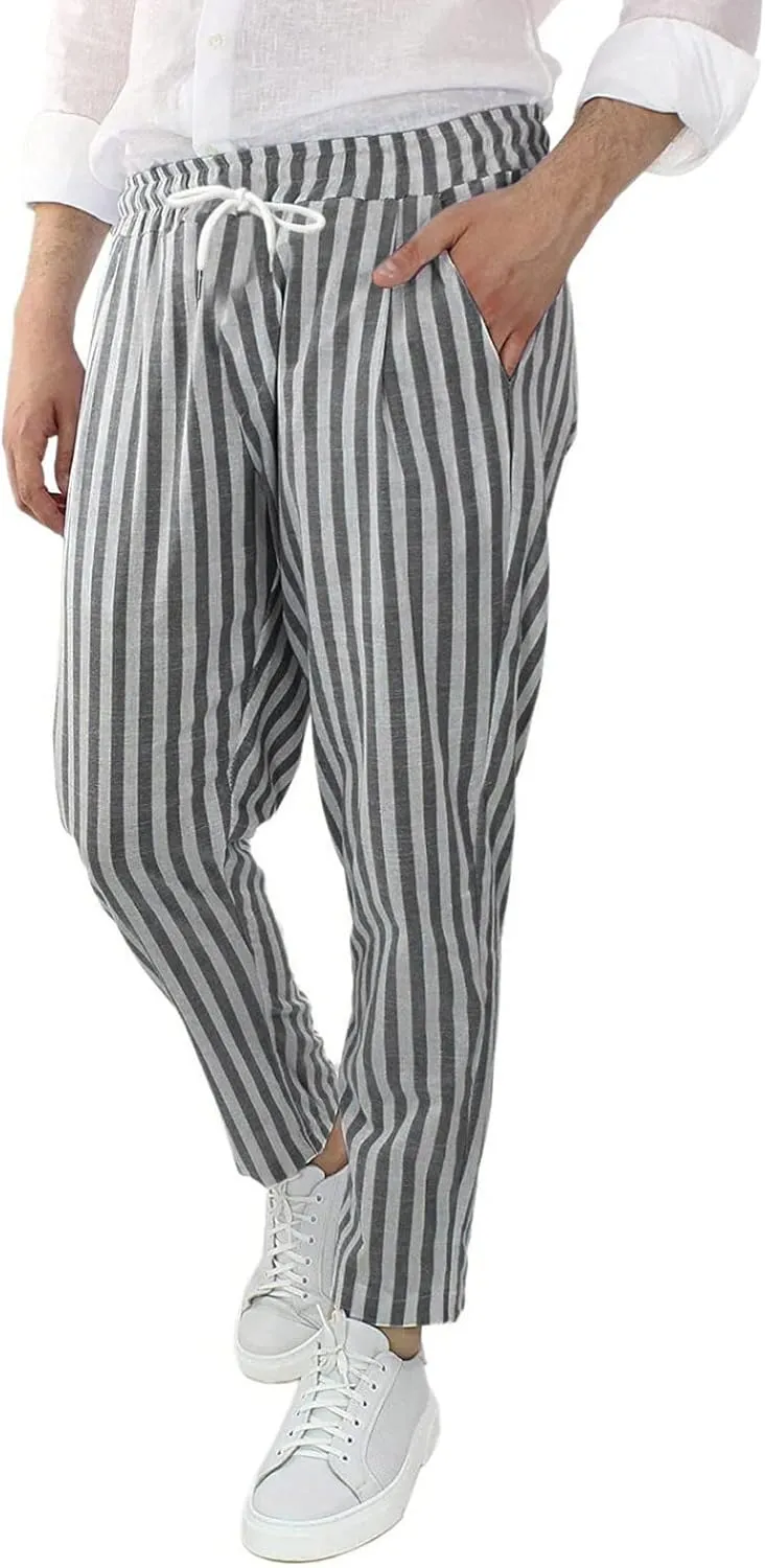 WABEOR Striped Pants for Men Cotton Linen Loose Fit Straight Trousers Breathable Casual Elastic Waist Drawstring Lounge Pants