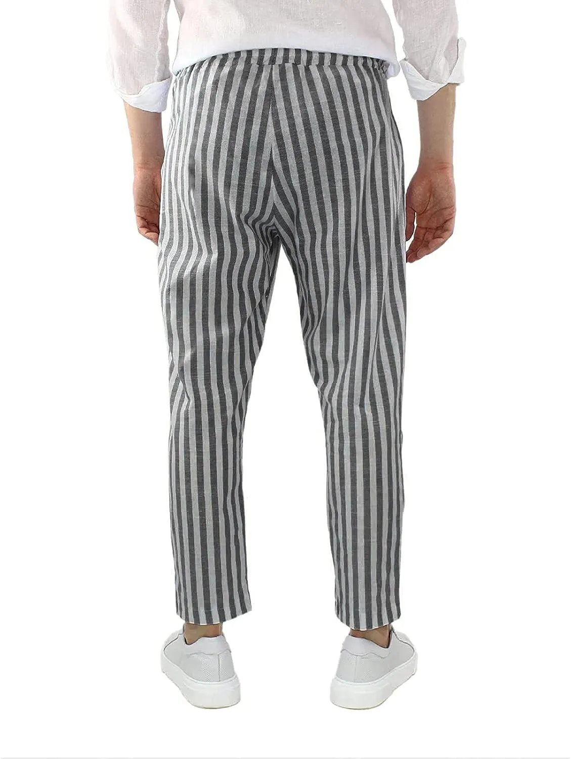 WABEOR Striped Pants for Men Cotton Linen Loose Fit Straight Trousers Breathable Casual Elastic Waist Drawstring Lounge Pants