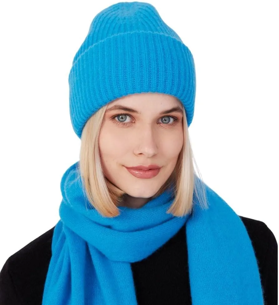 Womens Chunky Knit Beanie, 100% Cashmere, Soft & Stretchy, Warm Hat for Autumn, Winter, Spring