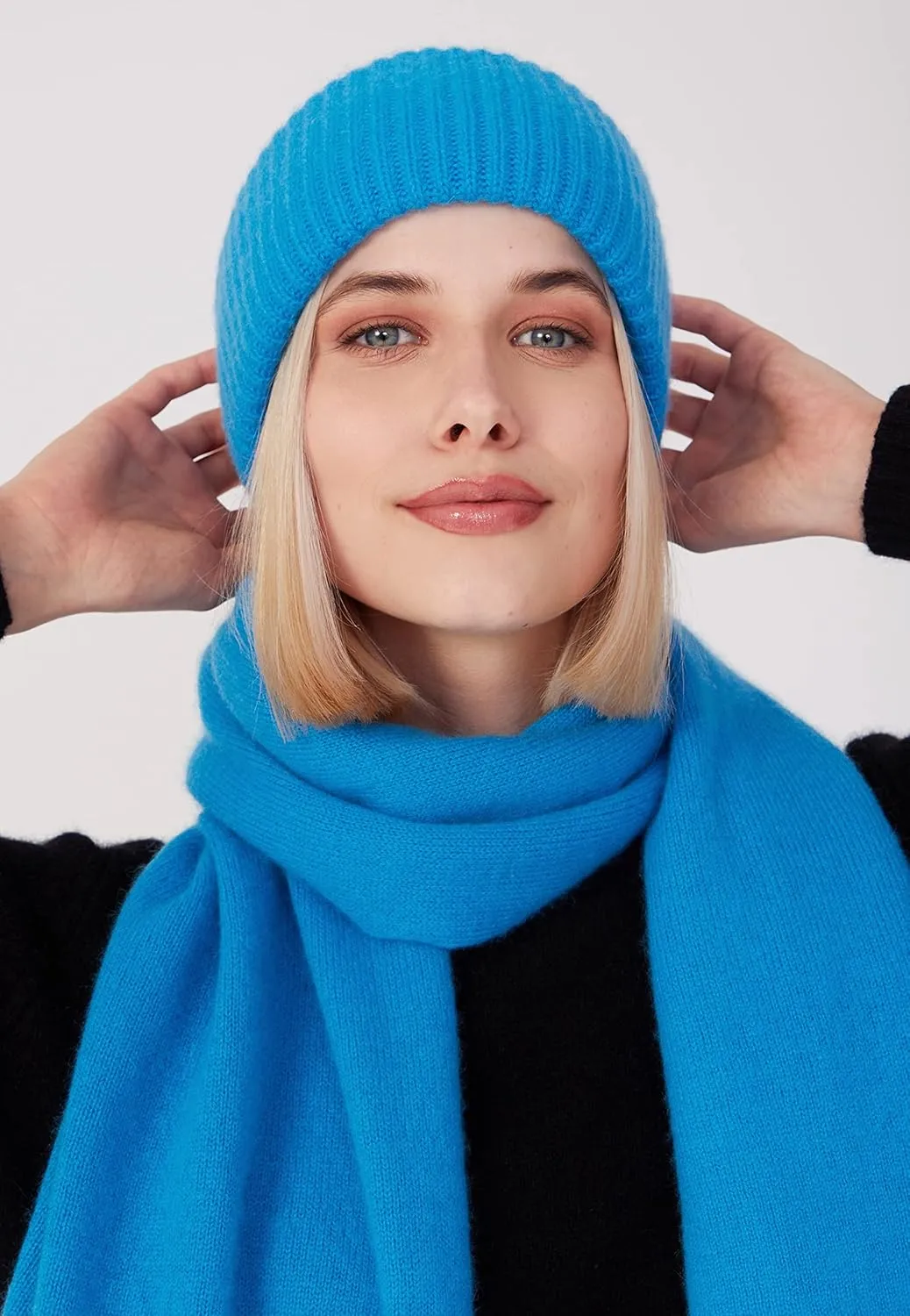 Womens Chunky Knit Beanie, 100% Cashmere, Soft & Stretchy, Warm Hat for Autumn, Winter, Spring