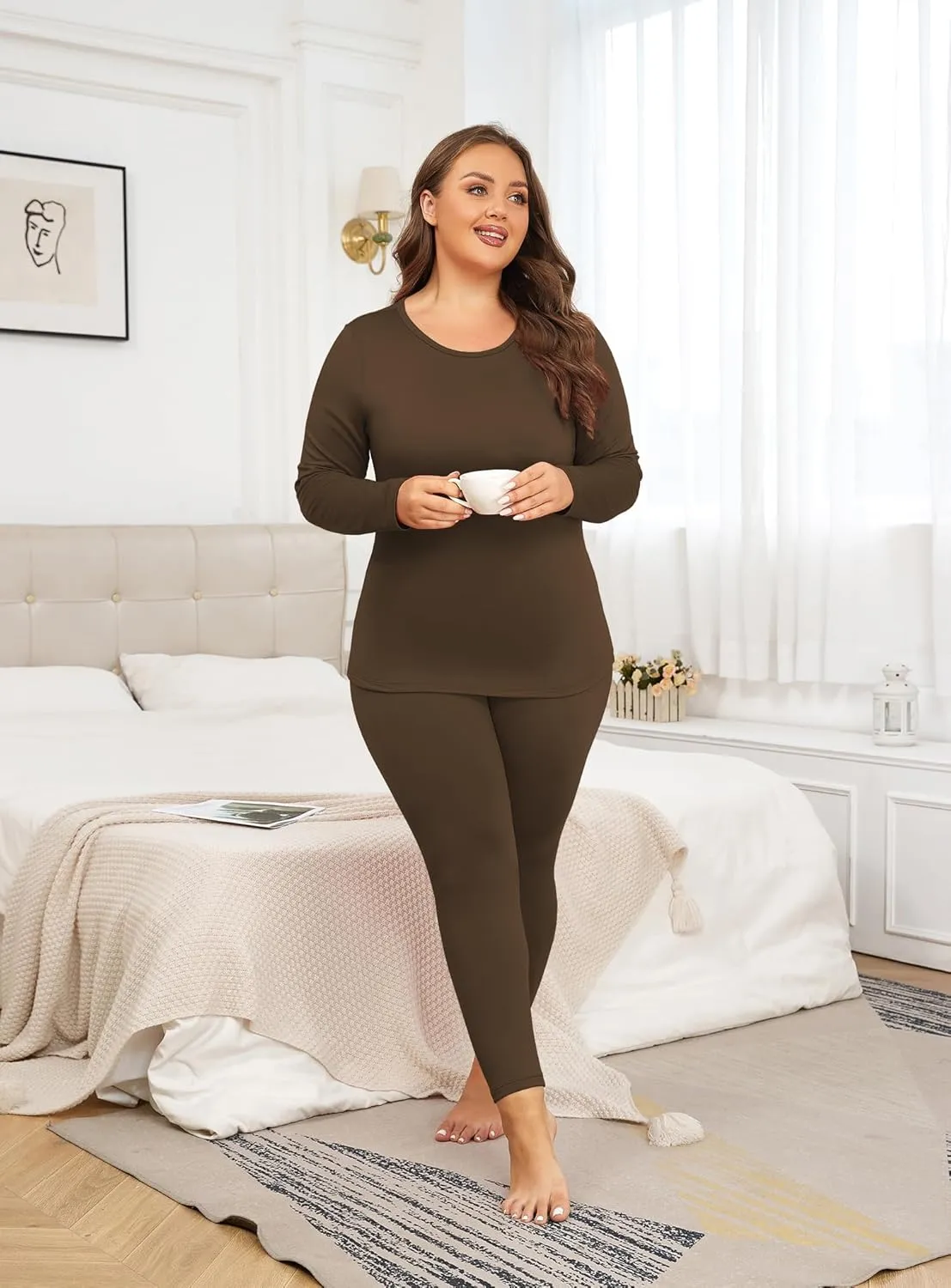 Women's Plus Size Thermal Underwear for Long Sleeve Fleece Lined Base Layer Top and Bottom Sets XL-5XL