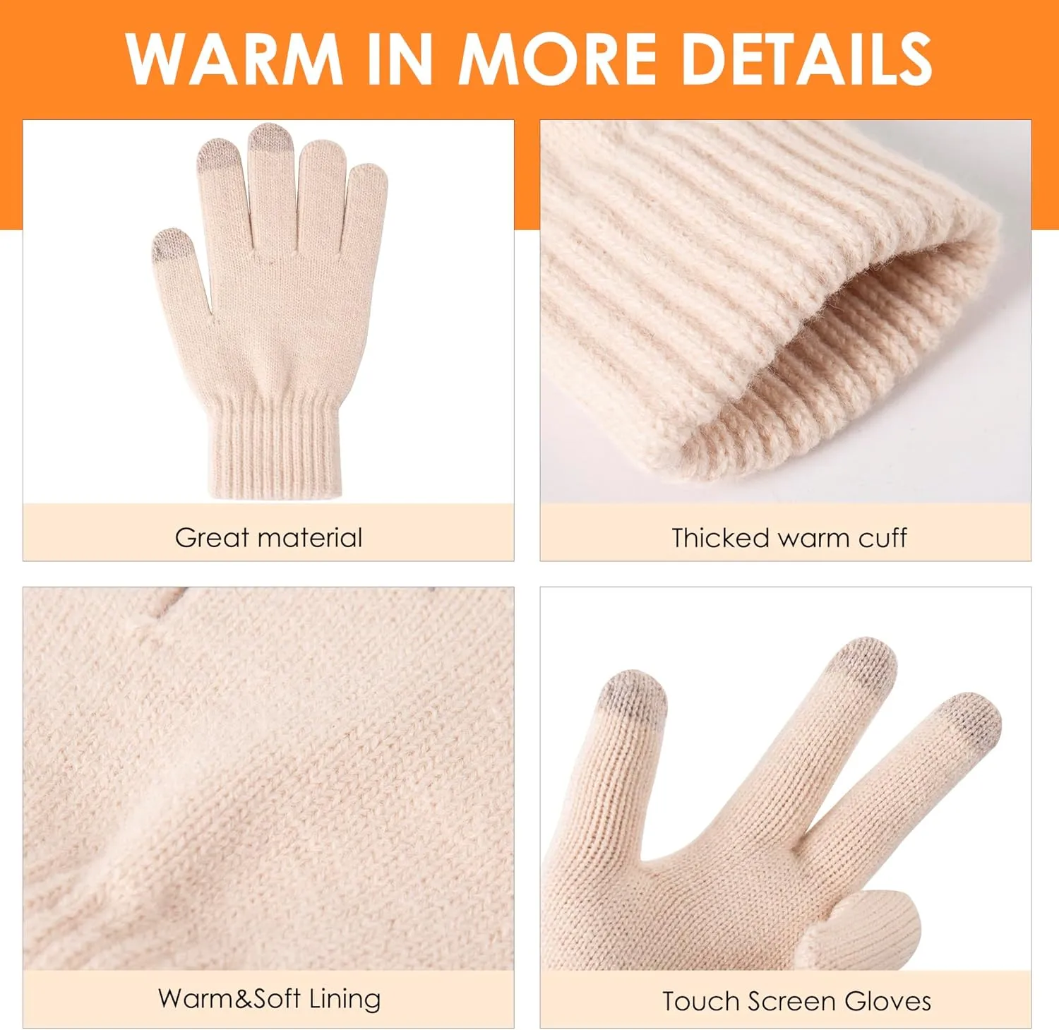 Womens Winter Beanie Warm Hat Scarf Touchscreen Gloves Set with Fleece Lined Skull Caps Gifts for Women Men