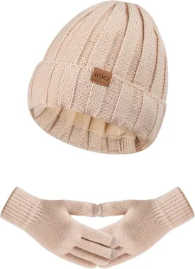 Womens Winter Beanie Warm Hat Scarf Touchscreen Gloves Set with Fleece Lined Skull Caps Gifts for Women Men