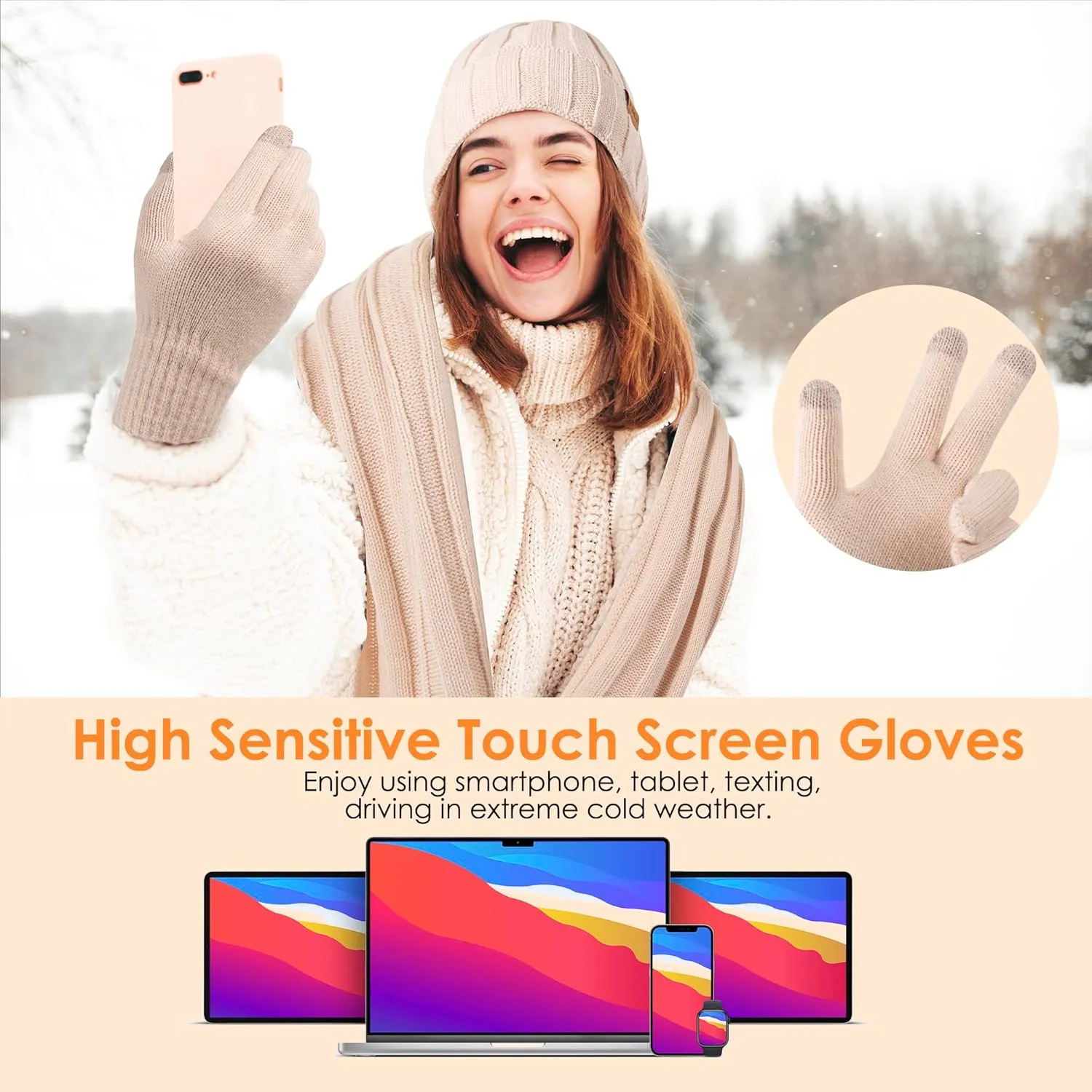 Womens Winter Beanie Warm Hat Scarf Touchscreen Gloves Set with Fleece Lined Skull Caps Gifts for Women Men