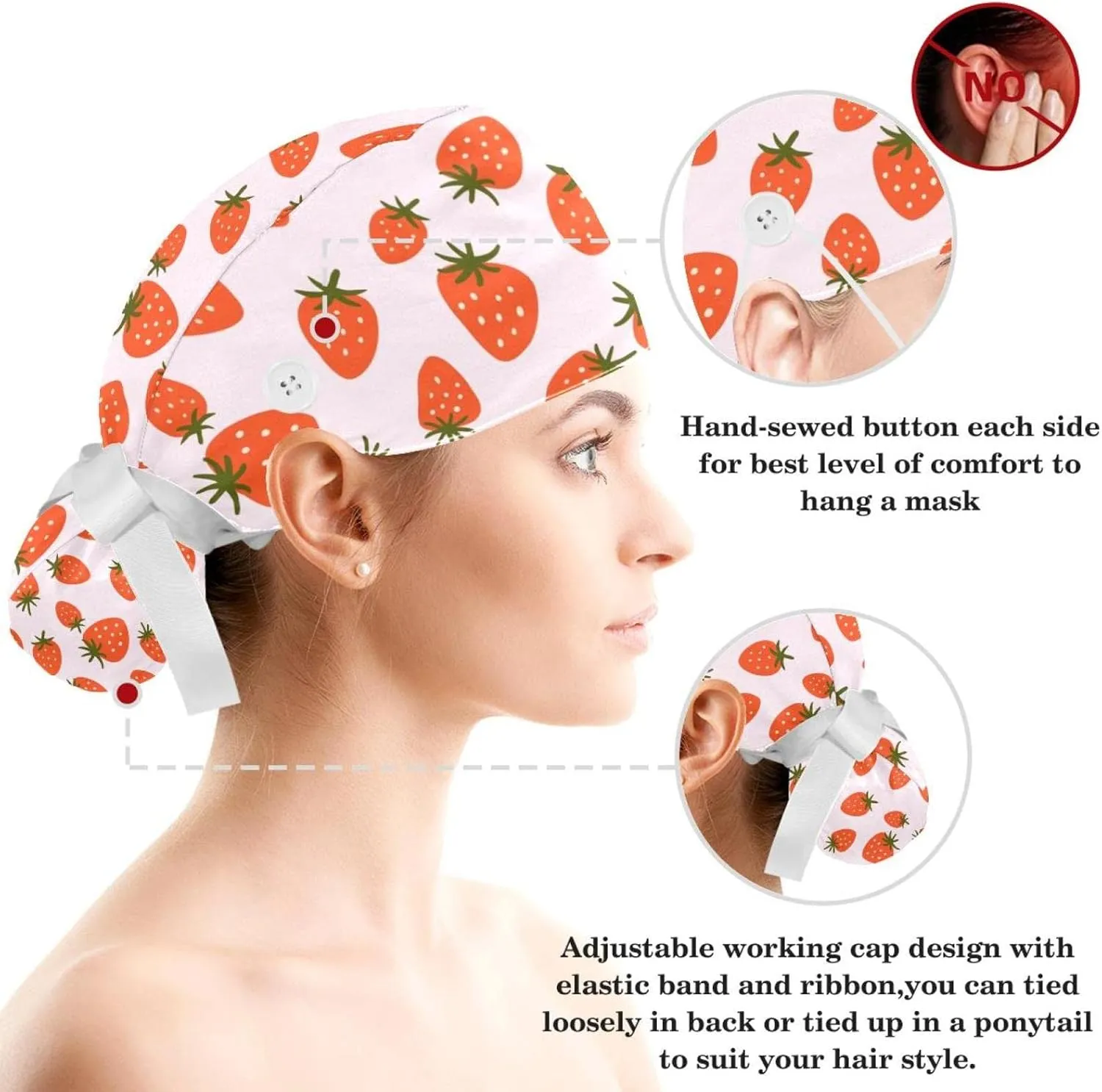 Women's Working Caps Bouffant Surgical Cap with Bow Scrunchies Pink Strawberry Pattern Ponytail Holder Tie Back Scrub Hat