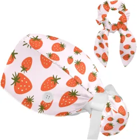 Women's Working Caps Bouffant Surgical Cap with Bow Scrunchies Pink Strawberry Pattern Ponytail Holder Tie Back Scrub Hat