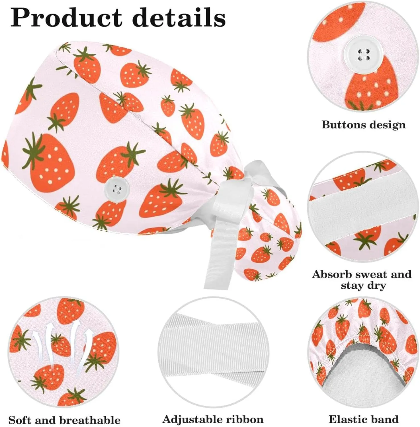 Women's Working Caps Bouffant Surgical Cap with Bow Scrunchies Pink Strawberry Pattern Ponytail Holder Tie Back Scrub Hat