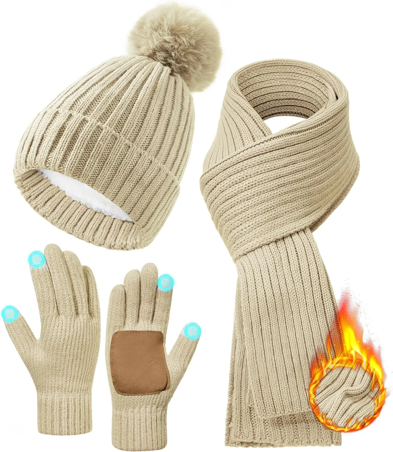 Zando Winter Beanie Hat Scarf Gloves Set for Women Warm Fleece Lined Knit Beanie with Pom Pom Winter Accessories for Women
